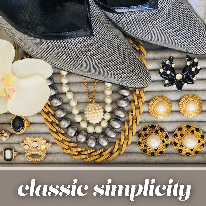 Image displays vintage jewelry for Classic Simplicity style refined pieces: pearls, necklaces for timeless elegance.