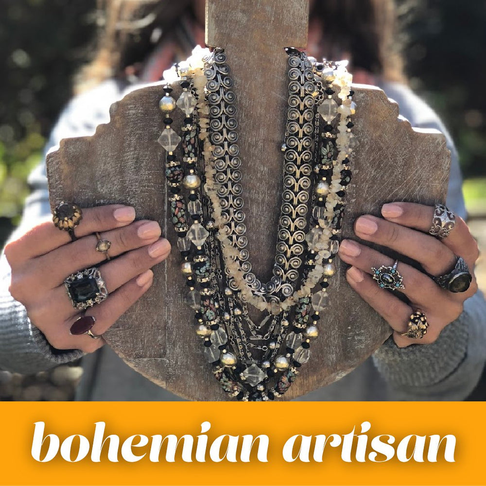 Image includes Bohemian Artisan style: beads, tassel pendants, chunky earrings, stackable necklaces & bracelets in earthy shades. 