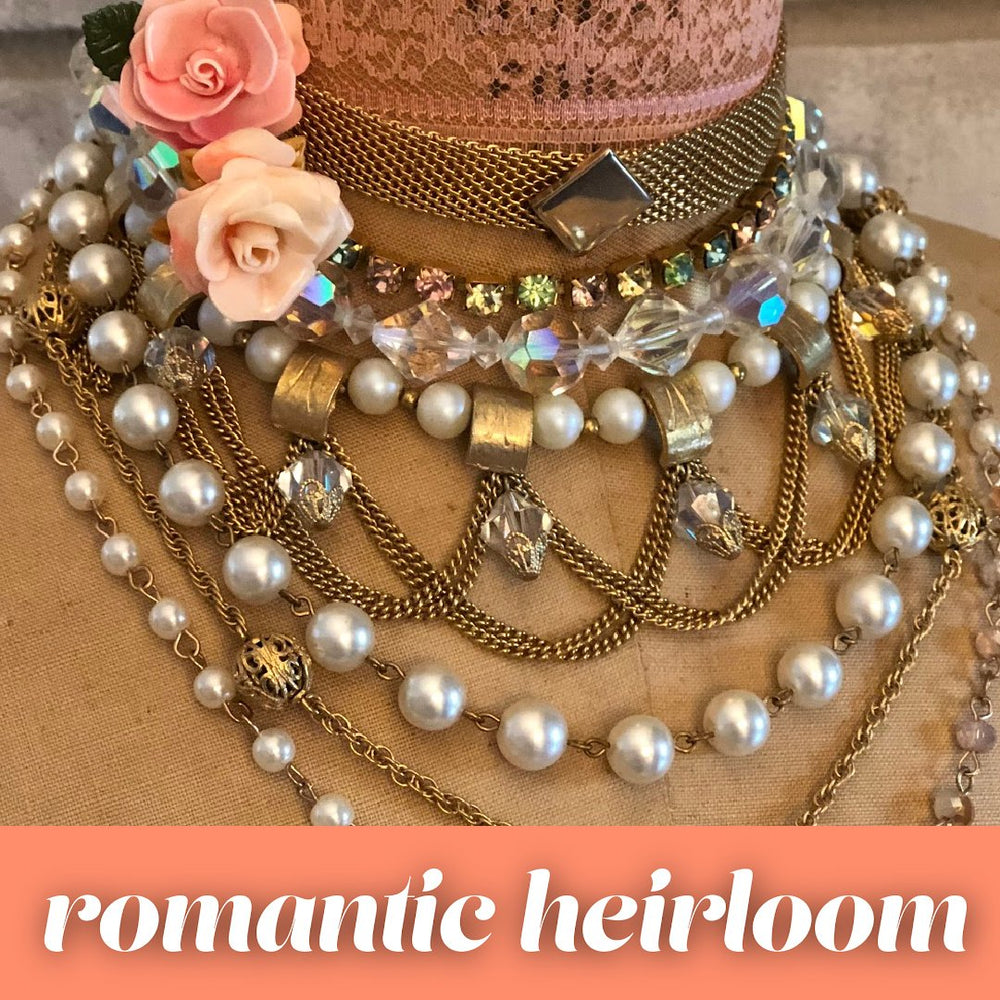 Image includes Romantic Heirloom style: dainty pieces in golds, pinks, blues, whites. Stud earrings, cameos, pearls, dainty chains, petite rings.