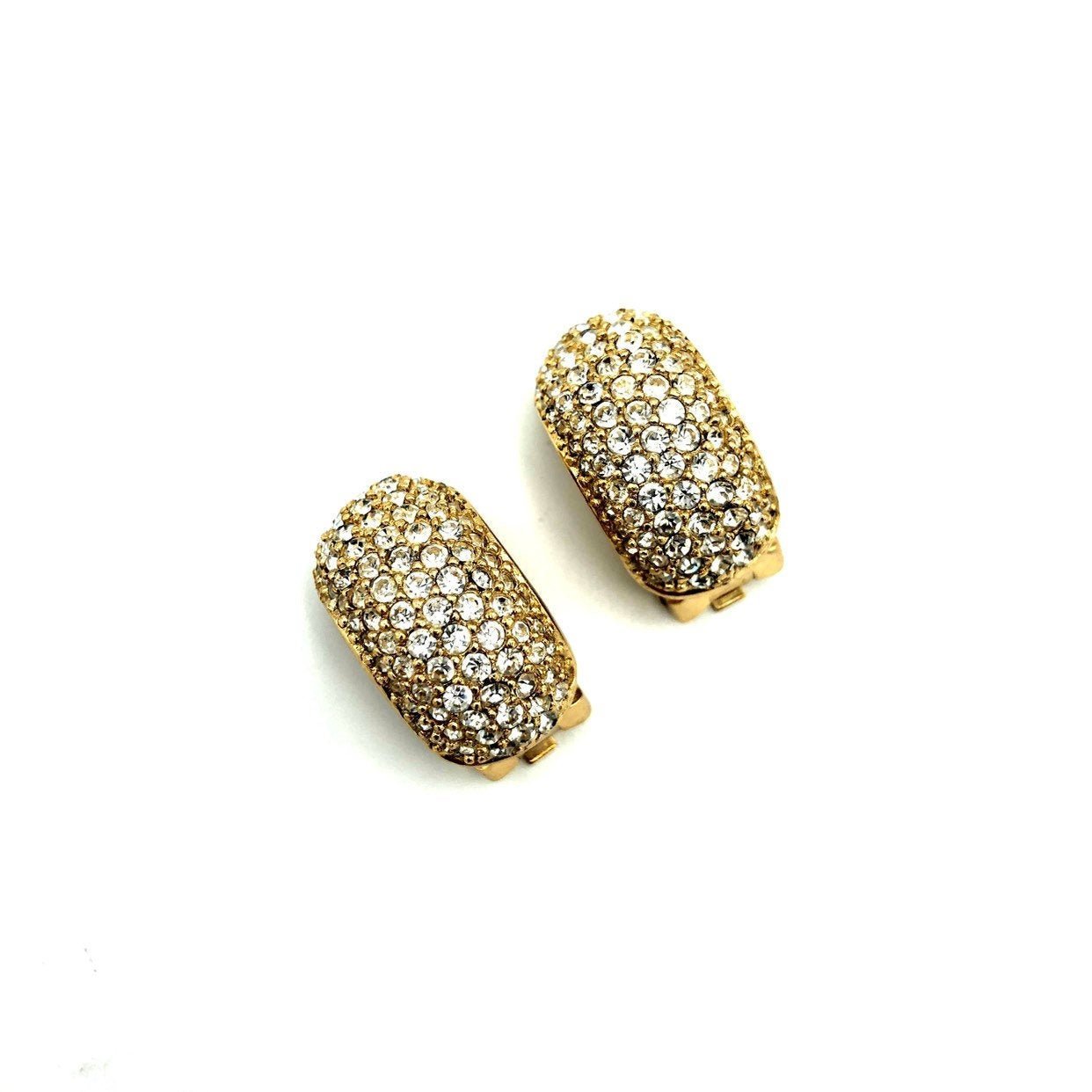 Vintage CHRISTIAN DIOR Gold Plated Rhinestone Wide selling Half Hoop Pierced Earrings