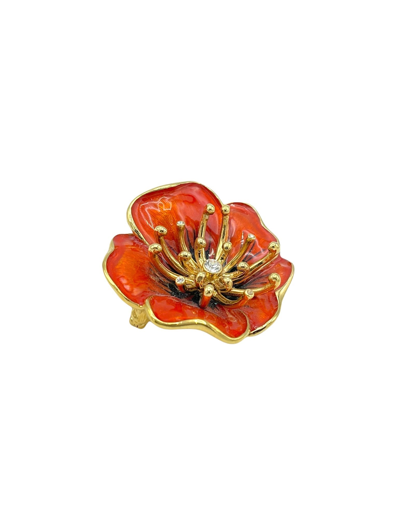 Vintage Monet Red Orange shops Enamel Rhinestone Gold Tone Poppy Flower Pin Brooch NIB