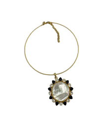 Joan Rivers Gold Mother of Pearl Medallion Pendant Wire Vintage Necklace - 24 Wishes Vintage Jewelry