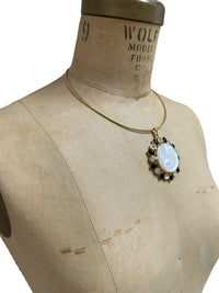 Joan Rivers Gold Mother of Pearl Medallion Pendant Wire Vintage Necklace - 24 Wishes Vintage Jewelry