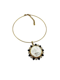 Joan Rivers Gold Mother of Pearl Medallion Pendant Wire Vintage Necklace - 24 Wishes Vintage Jewelry