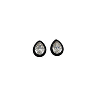 Vintage Kenneth Jay Lane clear teardrop rhinestone clip-on earrings with black enamel border displayed on white background.