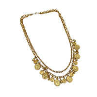 Vintage gold layered Roman coin charm necklace with medallions and teardrop accents displayed on white background.