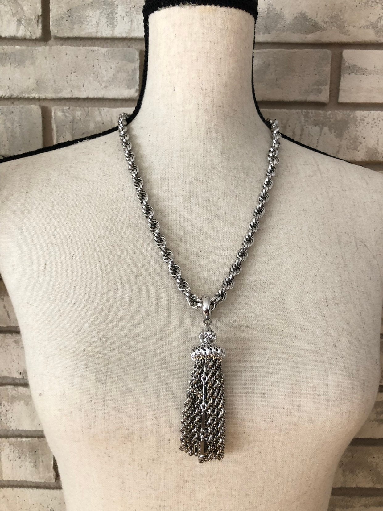 Vintage Monet silver tone double twisted chain necklace with sold tassel pendant