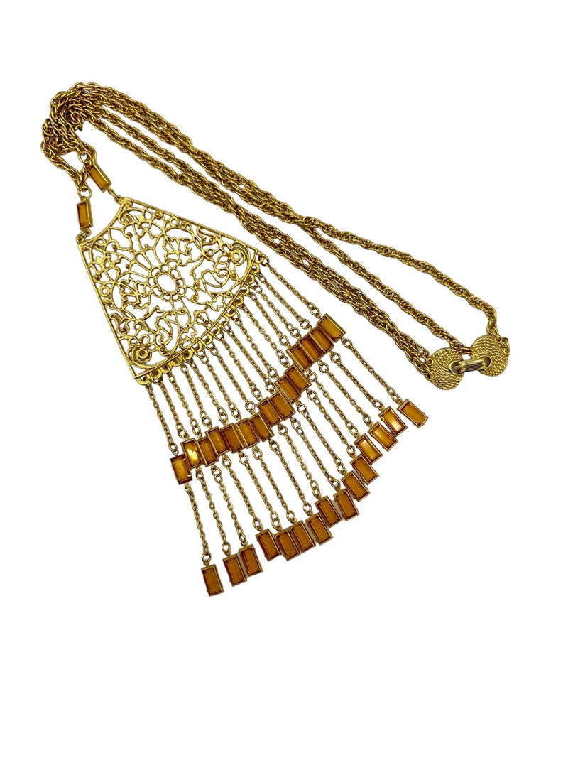 Etruscan Gold Waterfall Fringe Dangle Pendant Unsigned Goldette - 24 Wishes Vintage Jewelry
