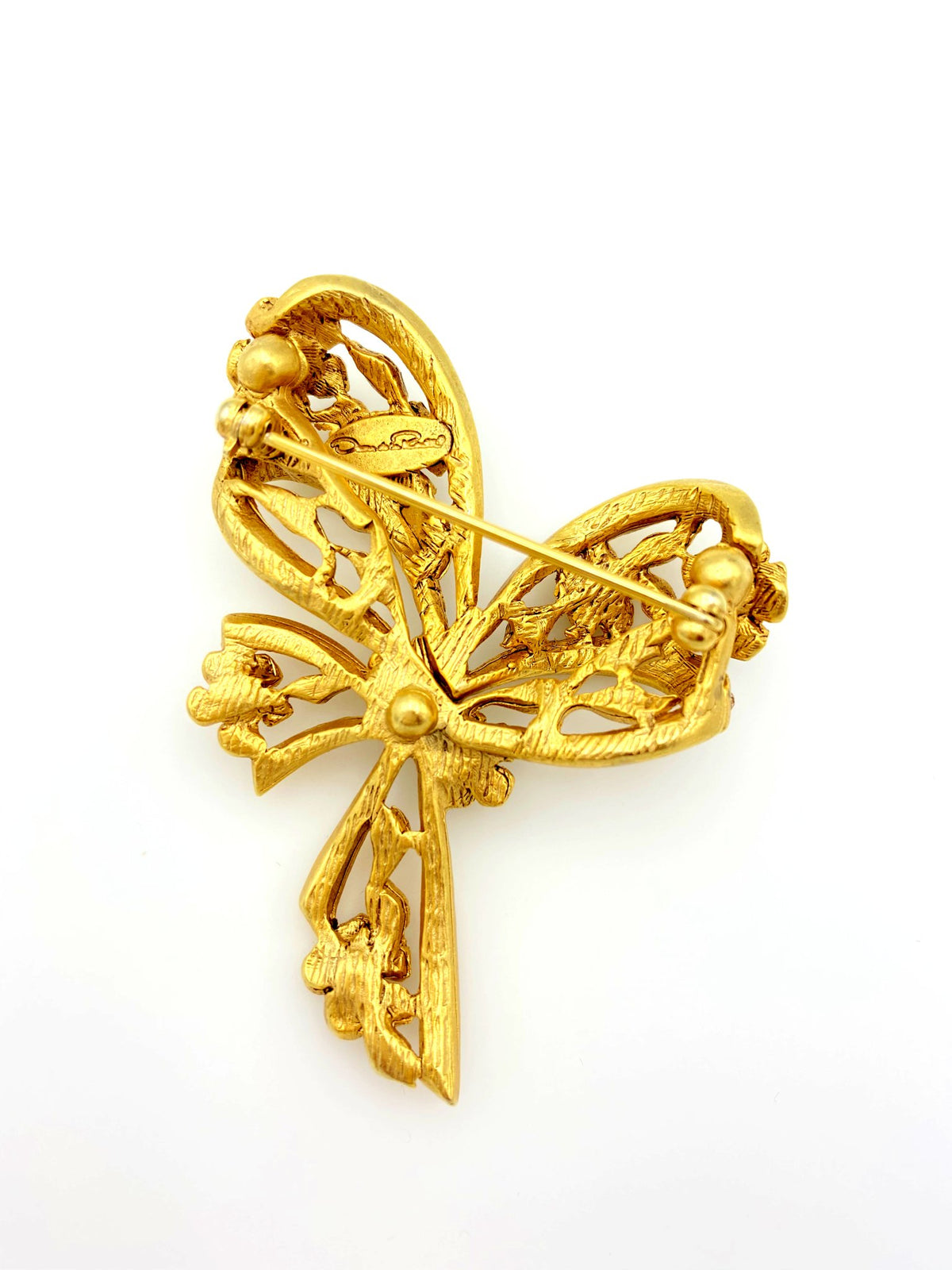 Gold Oscar De La Renta Feminine Bow & Flowers Brooch - 24 Wishes Vintage Jewelry
