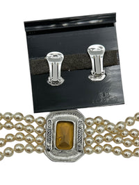 Kenneth Jay Lane Pearl Sapphire & Rhinestone Statement Jewelry Set - 24 Wishes Vintage Jewelry