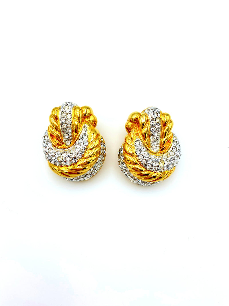 Nolan Miller Gold Rhinestone Knot Vintage Clip-On Earrings - 24 Wishes Vintage Jewelry