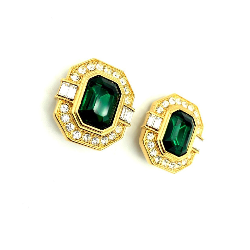 Oscar De La Renta Emerald Green Rhinestone Vintage Earrings - 24 Wishes Vintage Jewelry