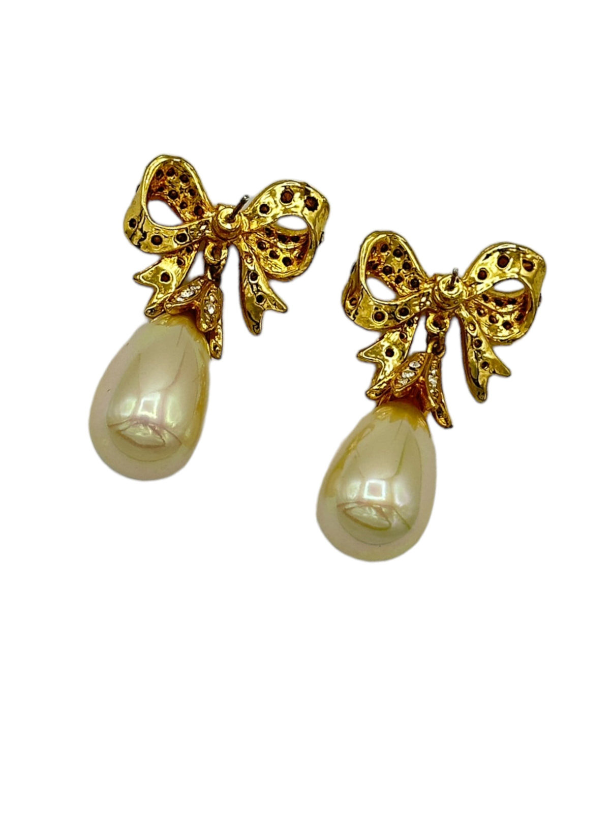 Pave Gold Bow Pearl Drop Vintage Pierced Earrings