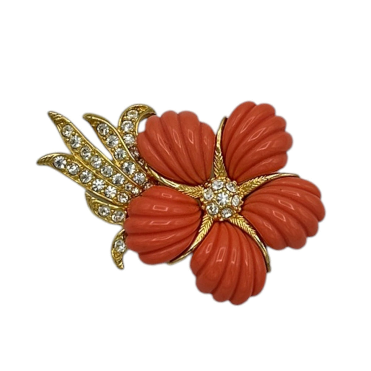 Nolan Miller Gold Coral Flower Rhinestone Brooch