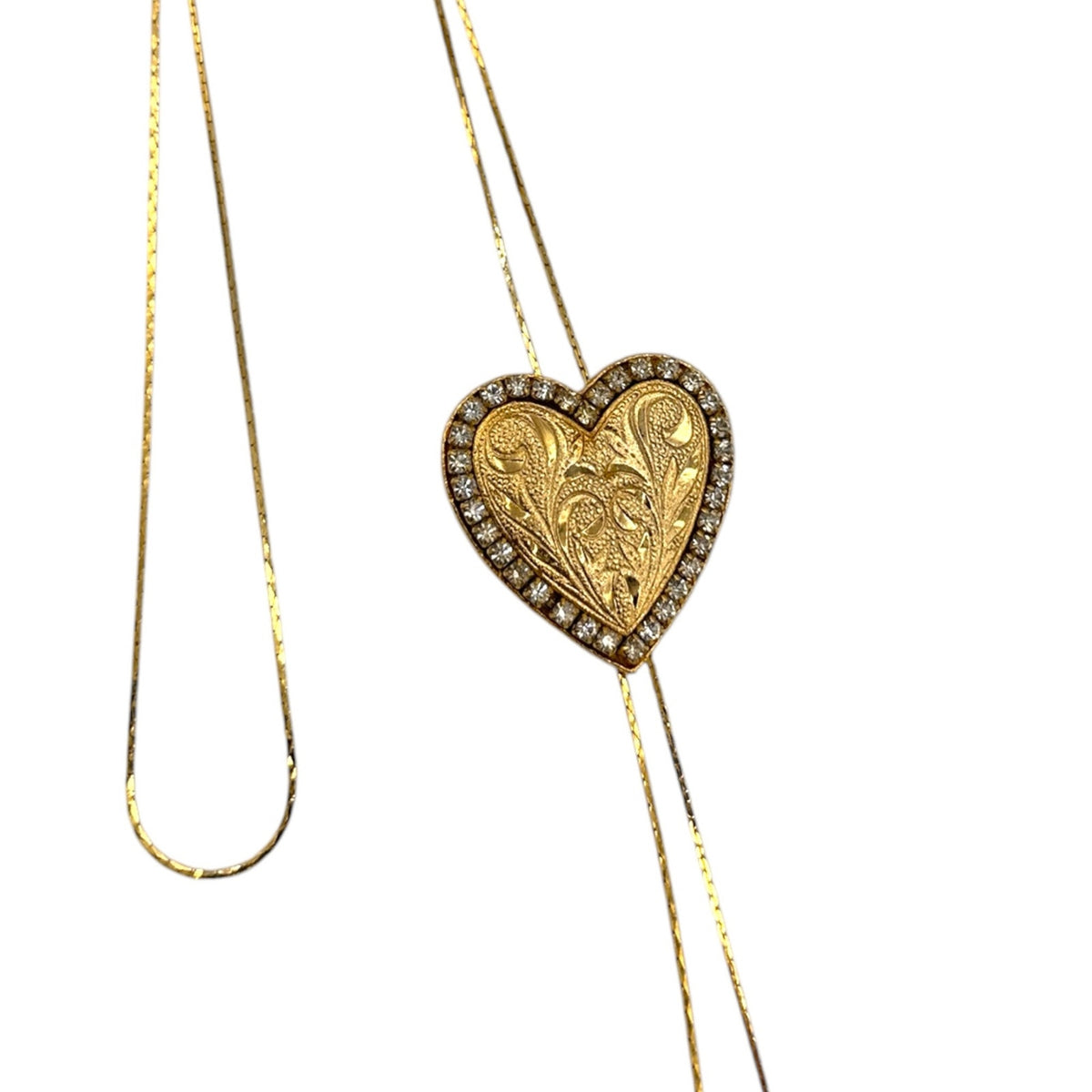 Vintage Gold Rhinestone Heart Slide Bolo Style Necklace