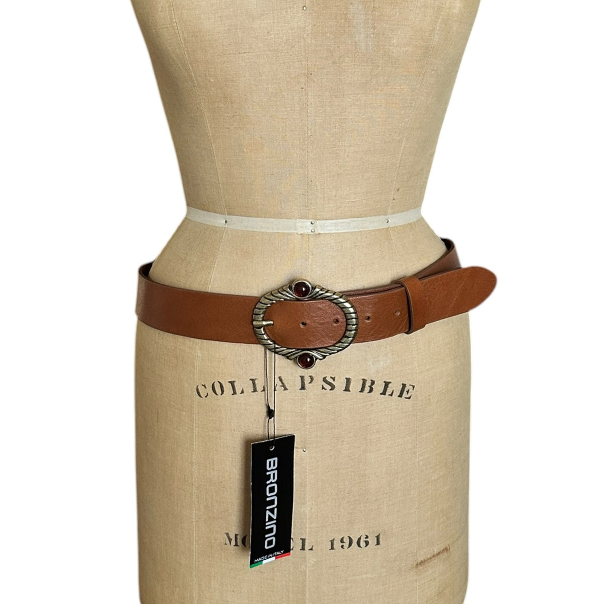 Bronzino Wide Brown Leather Belt with Brass Buckle