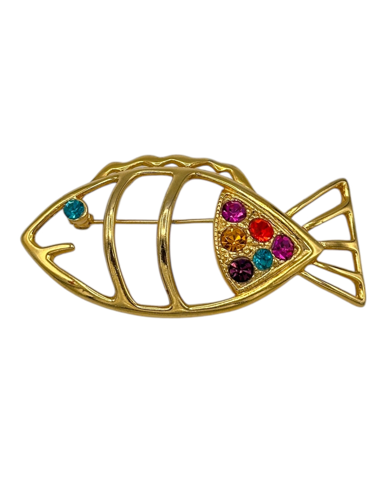 Whimsical Shiny Gold Fish Colorful Rhinestone Brooch