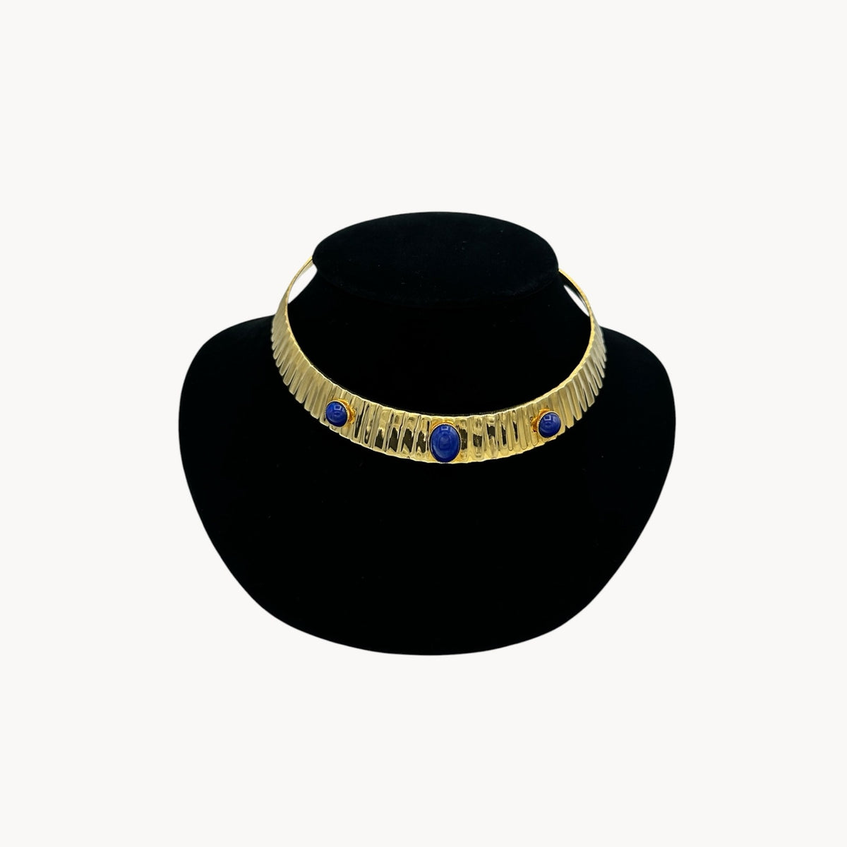 Vintage Gold Brass Choker with Blue Glass Cabochon Accents