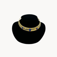 Vintage Gold Brass Choker with Blue Glass Cabochon Accents