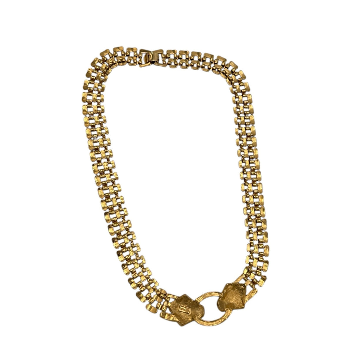Trifari Gold Panther Link Chain Black Enamel Pendant