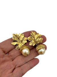 Carolee Gold Leaf & Pearl Bead Dangle Acorn Clip-On Statement Earrings