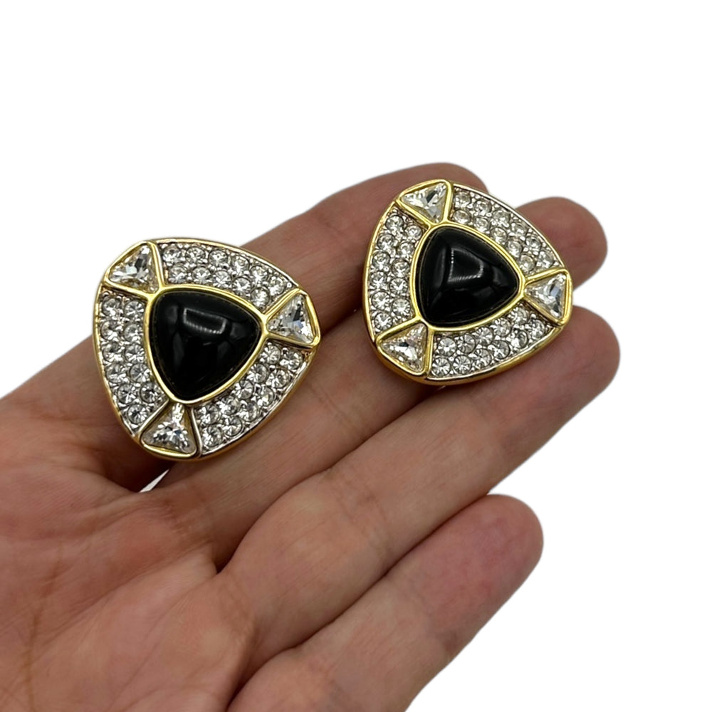 EarringsSwarovski Gold Diamante & Black Cabochon Vintage Clip - On Earrings
