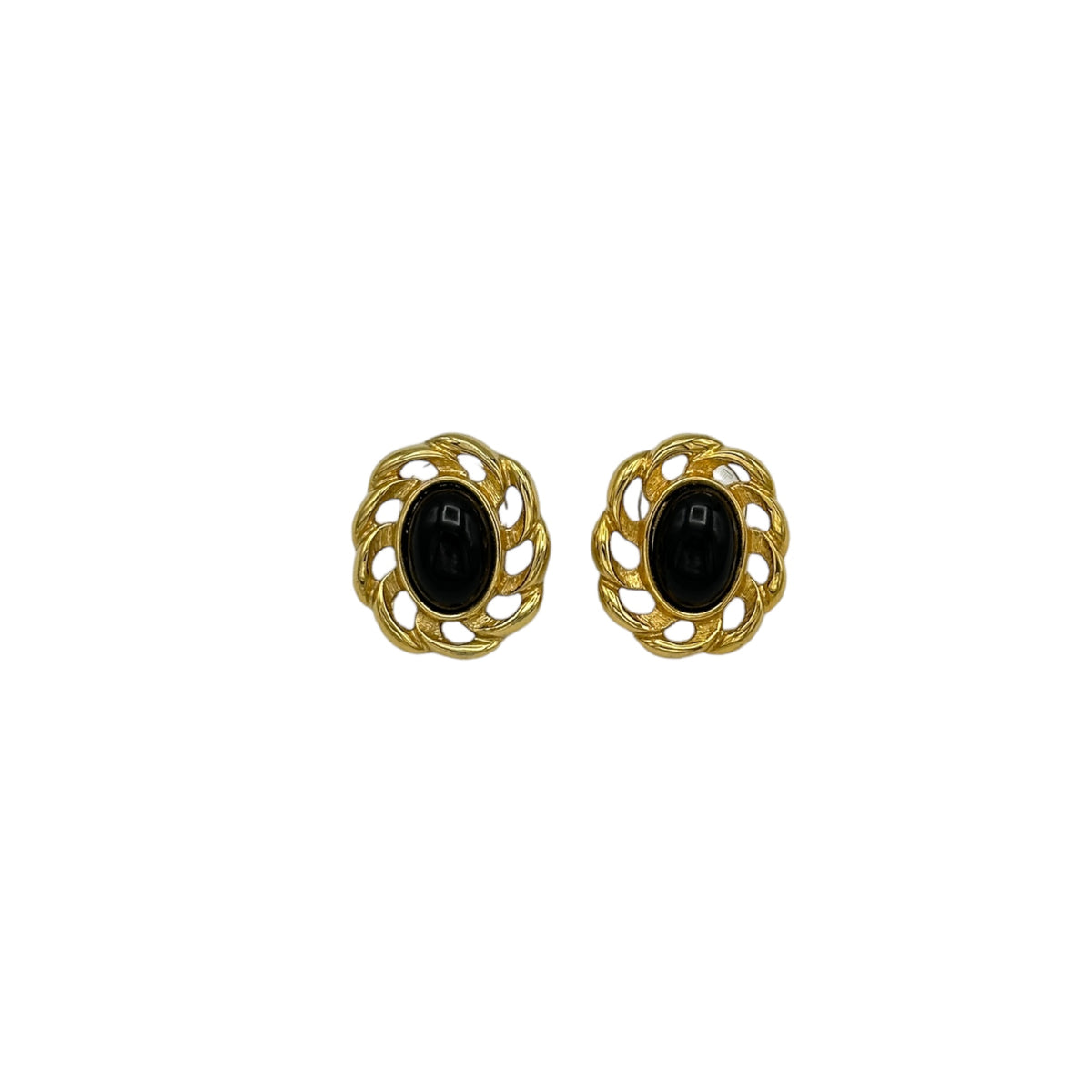 Monet Vintage Gold Jewelry Oval Black Cabochon Classic Pierced Earrings