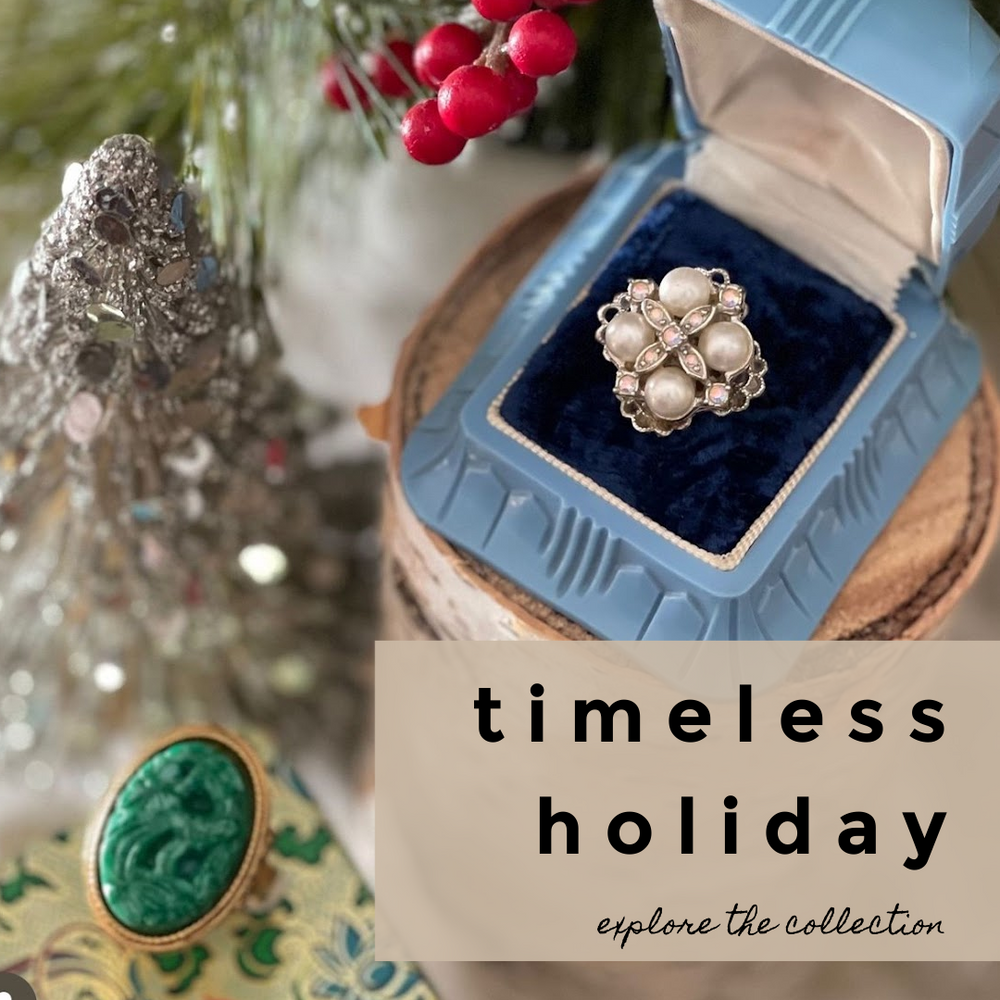 Shop timeless vintage holiday jewelry include in picture a Christmas gift of a vintage designer costume jewelry ring.  