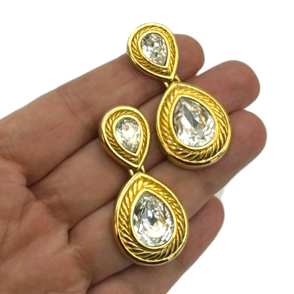 Swarovski Gold Teardrop Dangle Clear Crystal Pierced Earrings
