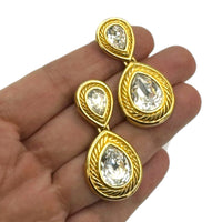 Swarovski Gold Teardrop Dangle Clear Crystal Pierced Earrings