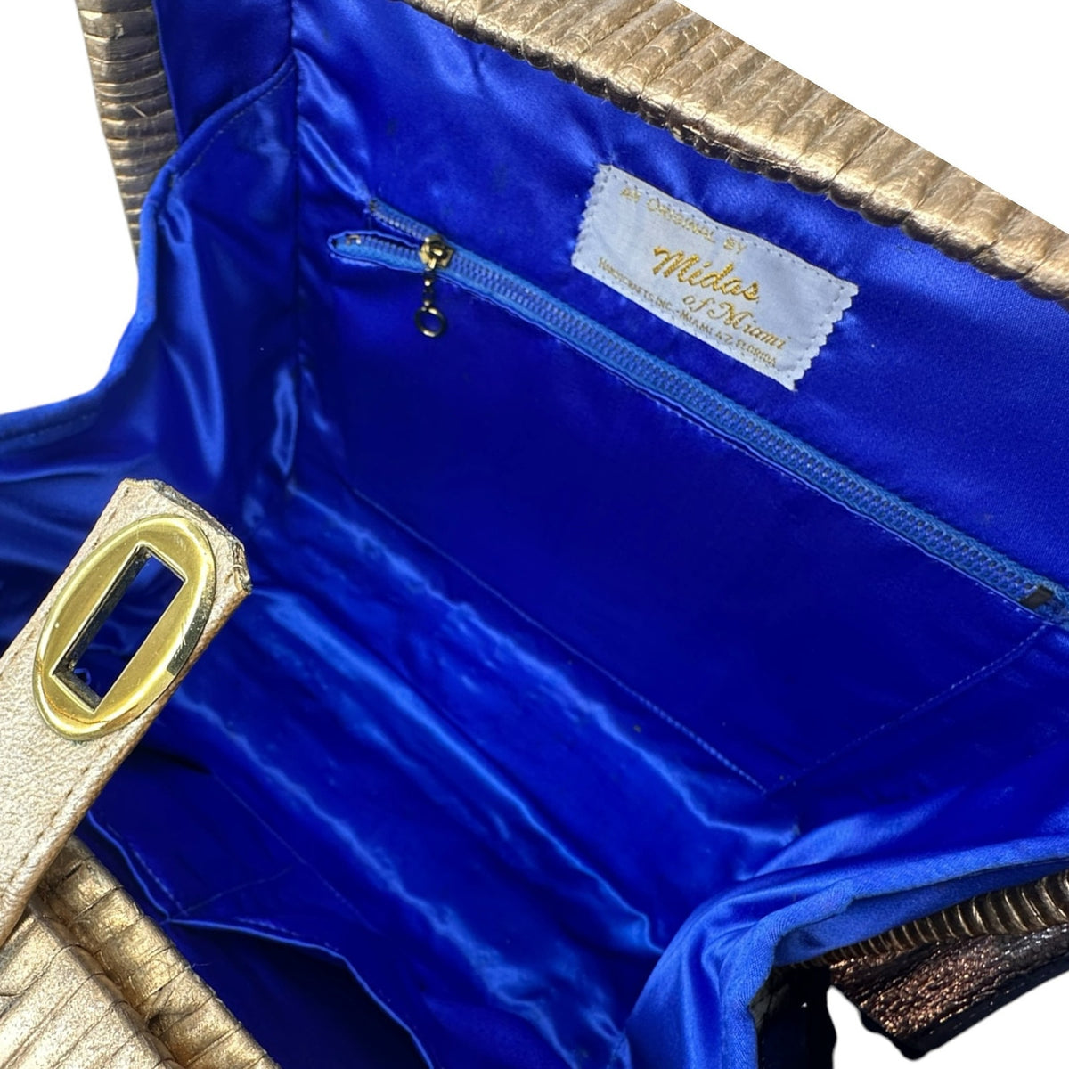 Midas of Miami Gold Wicker Tapestry Handbag Courting Couple