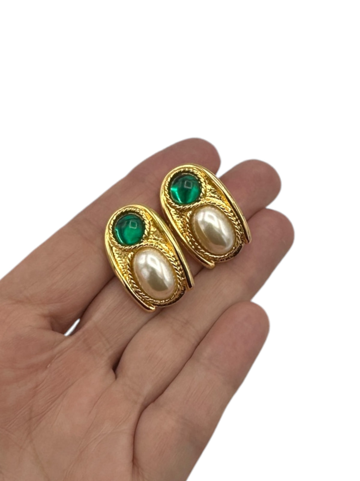 Napier Byzantium Green Cabochon & Pearl Clip-on Earrings