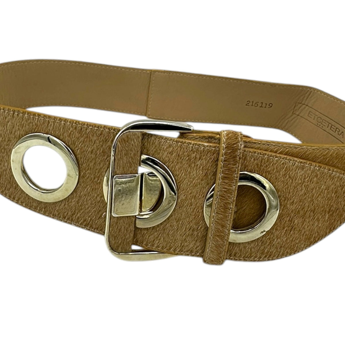 Etcetera Wide Camel Color Leather Oversized Grommet Waist Belt