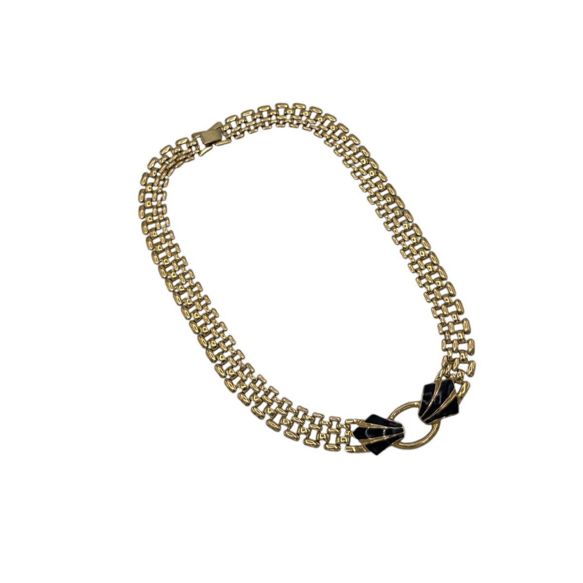 Trifari Gold Panther Link Chain Black Enamel Pendant
