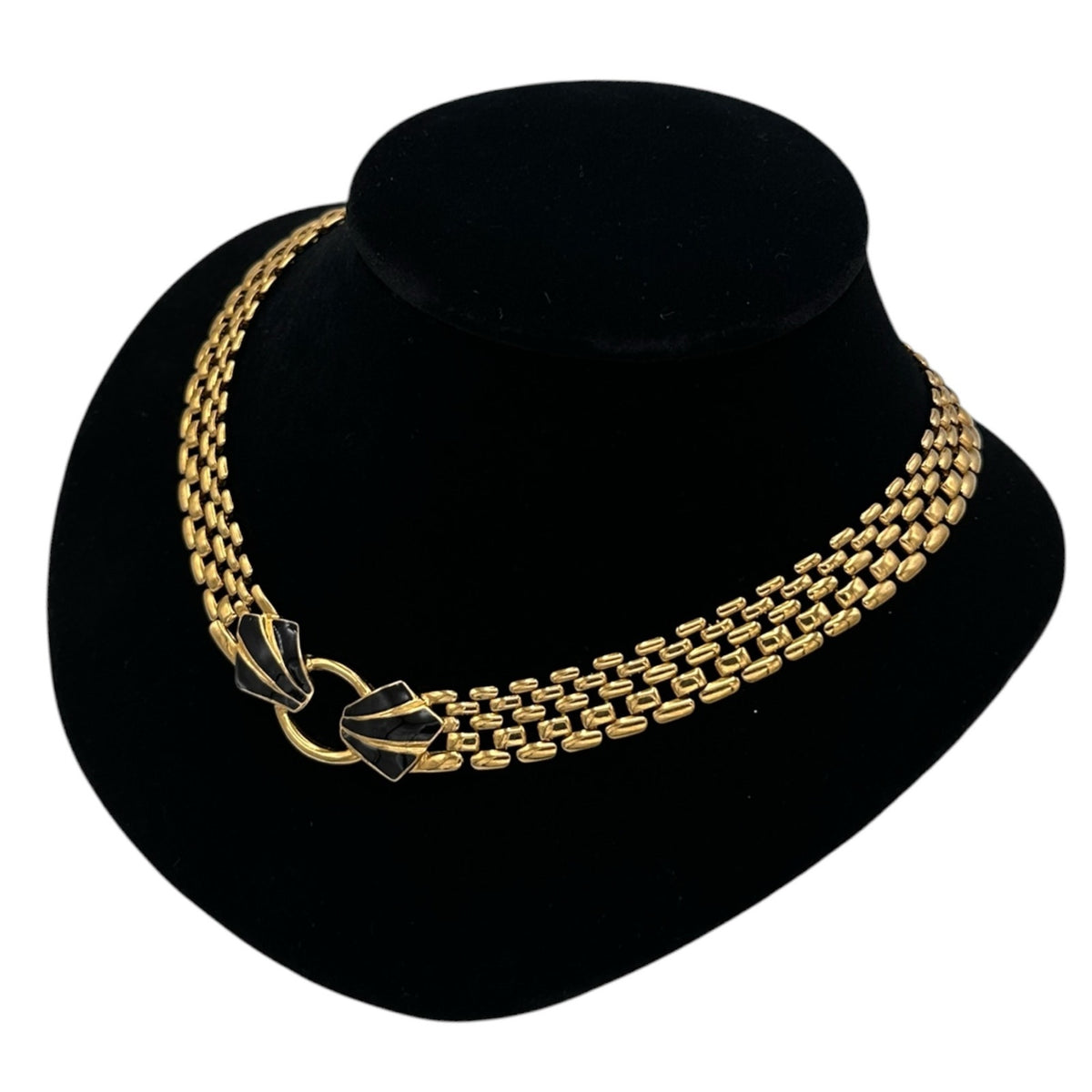 Trifari Gold Panther Link Chain Black Enamel Pendant