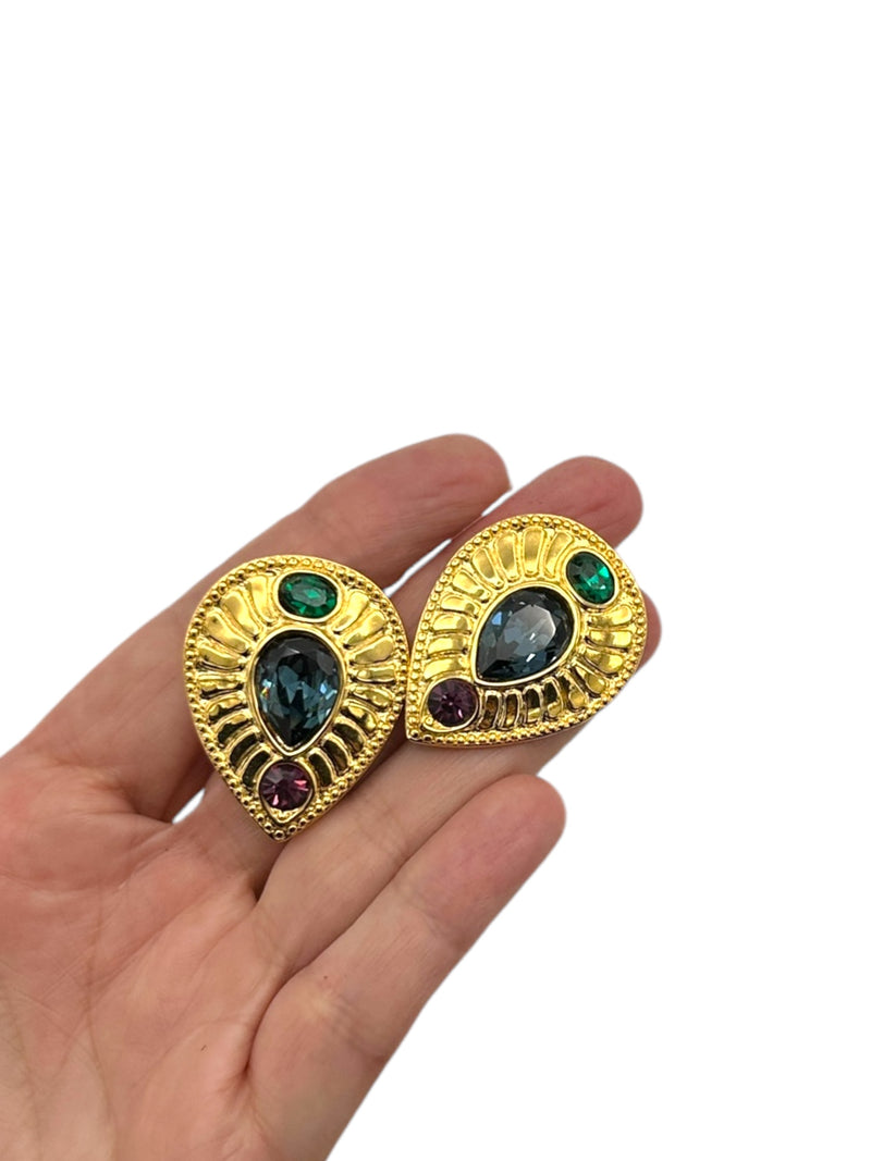 Napier Byzantium Jewel Color Rhinestone Gold Teardrop Clip-on Earrings