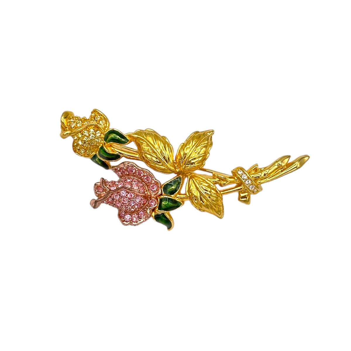 Nolan Miller Pink & Yellow Pave Rhinestone Rose Flower Brooch