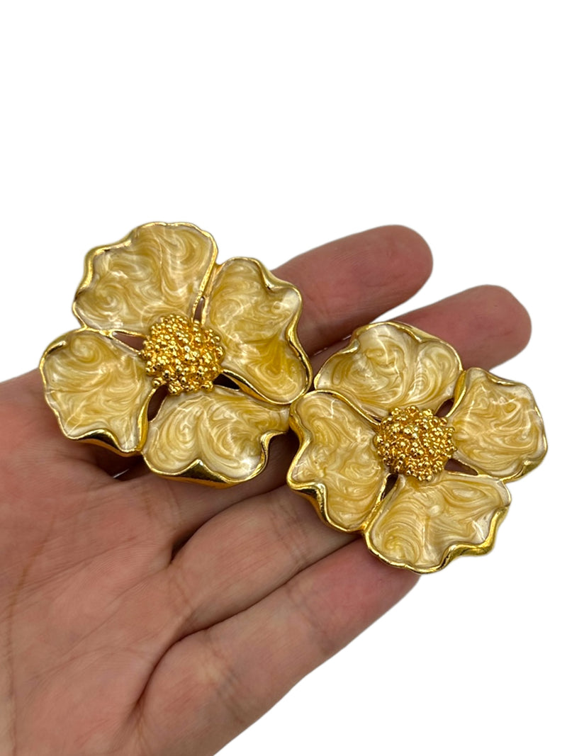 Golden Enamel Large Dogwood Flower Vintage Clip-On Earrings