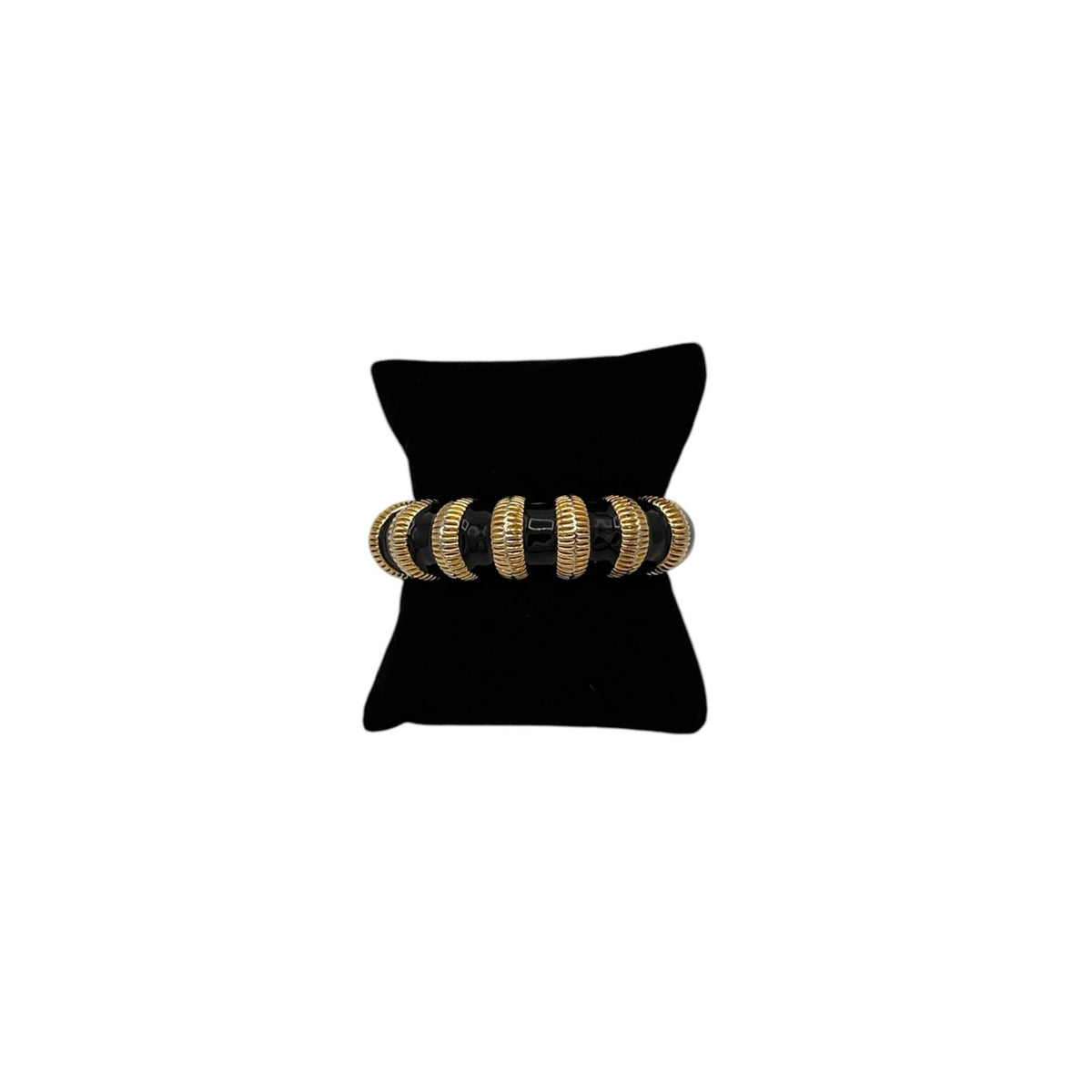 Vintage Chunky Gold Black Enamel Ribbed Hinged Bangle Bracelet