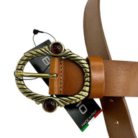 Bronzino Wide Brown Leather Belt with Brass Buckle