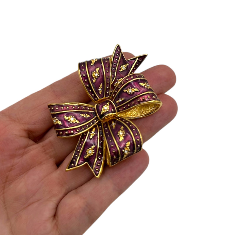 Gold Joan Rivers Purple Enamel Rhinestone Bow Ribbon Brooch