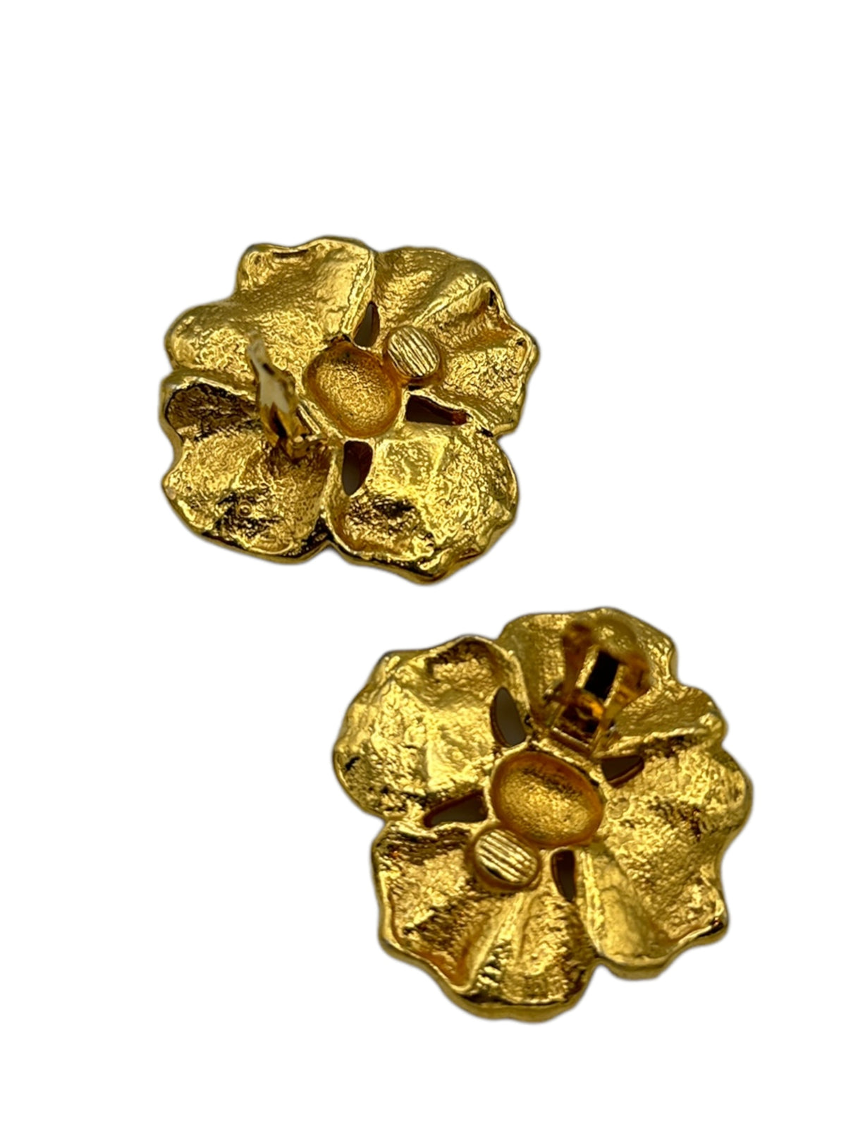 Golden Enamel Large Dogwood Flower Vintage Clip-On Earrings