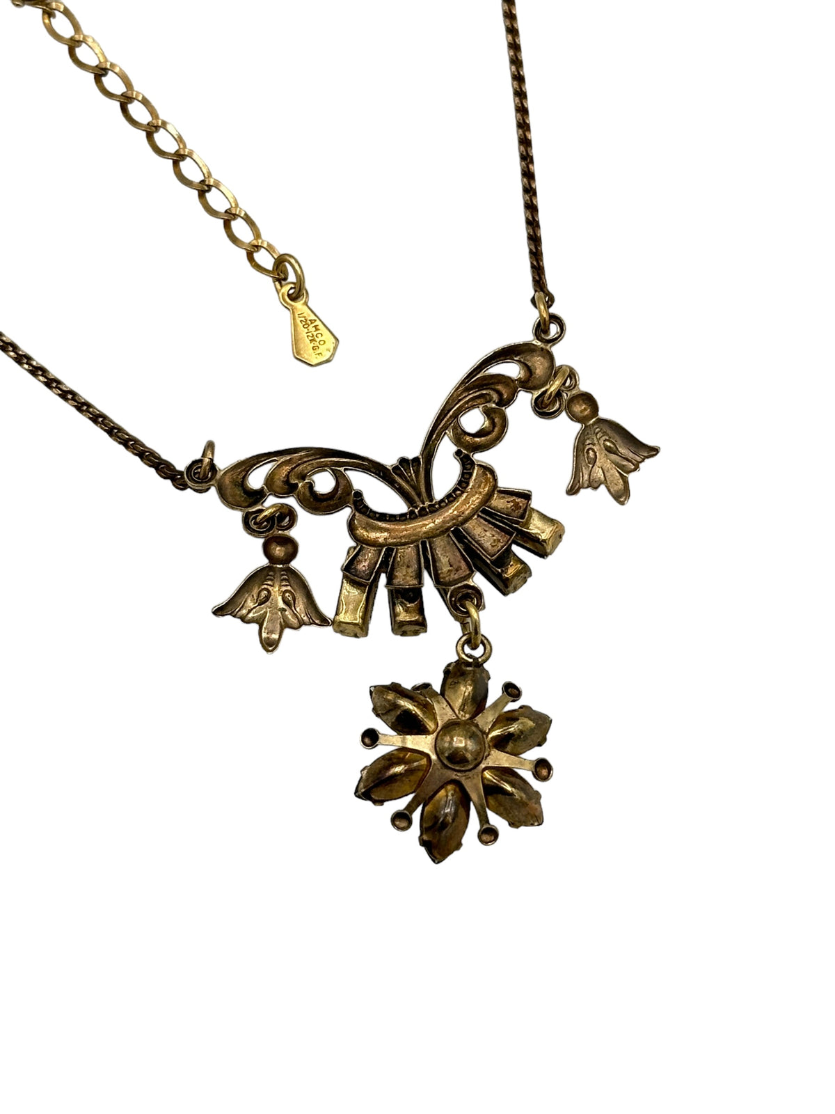 Gold Filled Amco Victorian Revival Rhinestone Flower Dangle Pendant