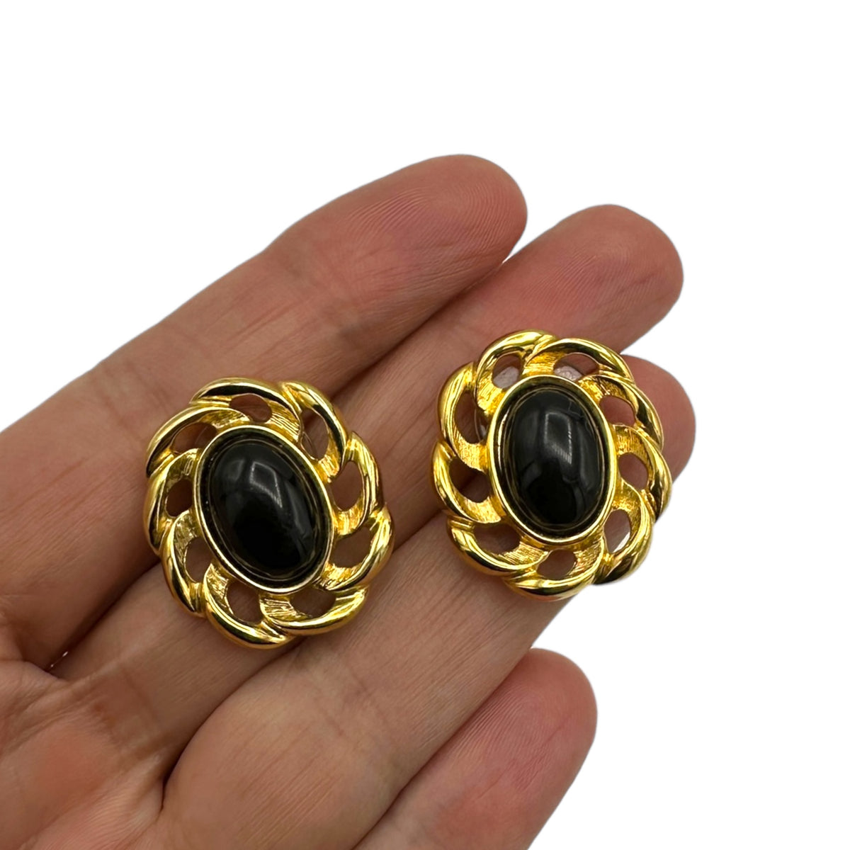 Monet Vintage Gold Jewelry Oval Black Cabochon Classic Pierced Earrings