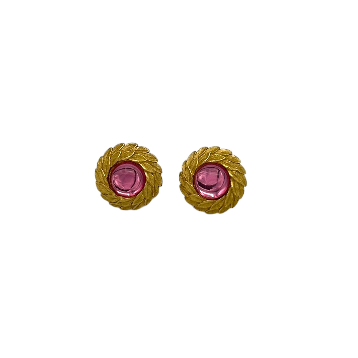 Trifari Vintage Jewelry Gold Circle Laurel Leaves Pink Glass Cabochon Clip-on Earrings