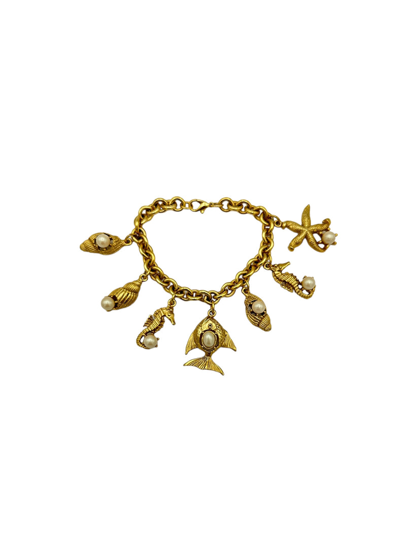 Seashell & Pearl Matt Gold Vintage Novelty Charm Bracelet