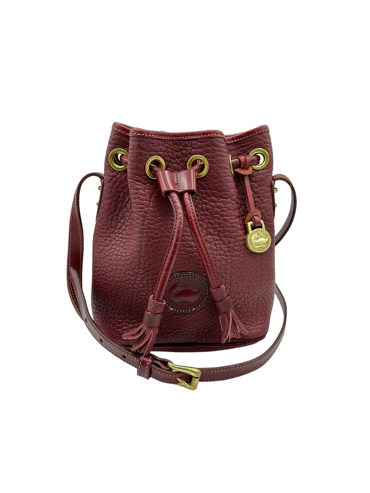 Dooney & Bourke All Weather Leather (AWL) Small Burgundy Red Drawstring Bucket Crossbody Handbag USA
