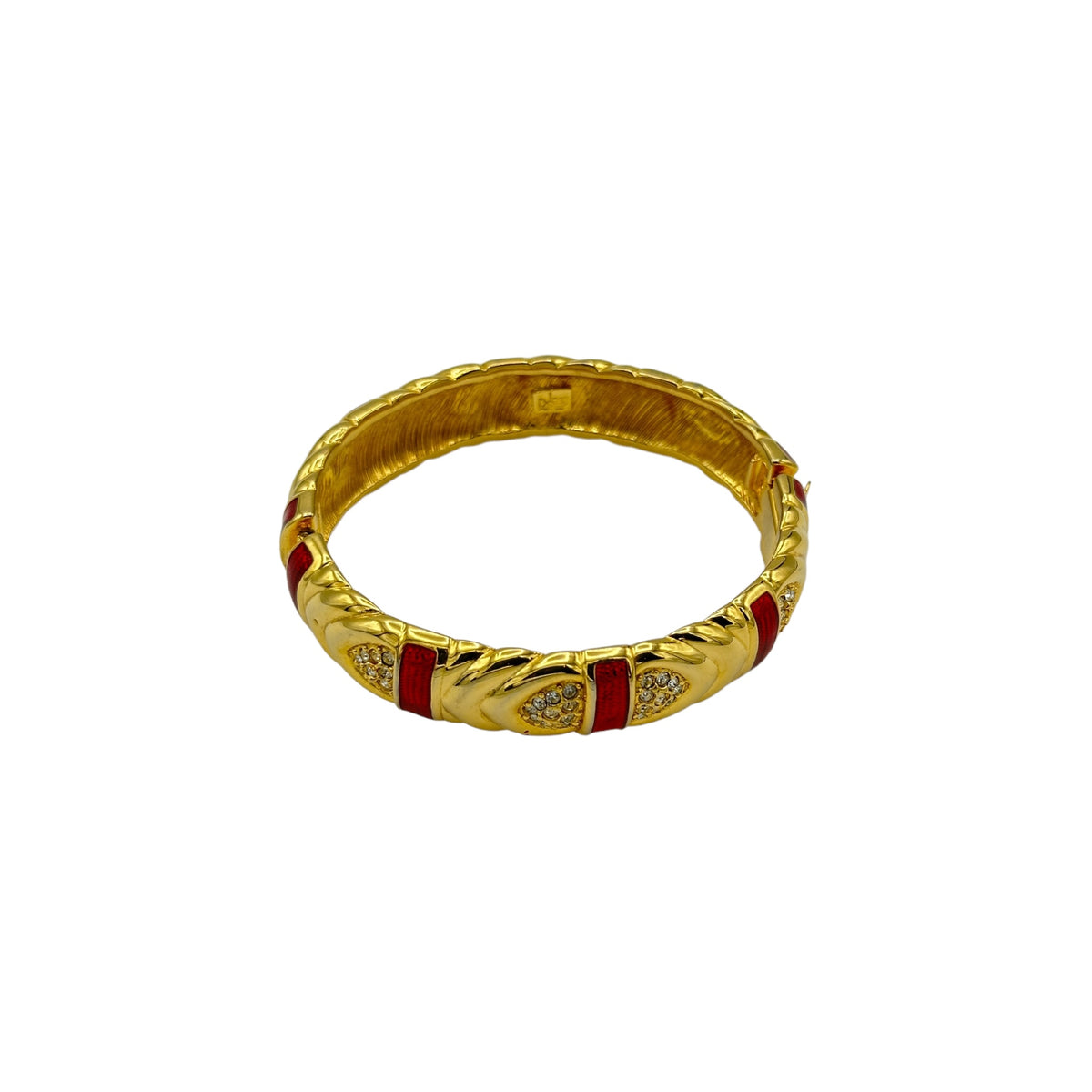 Joan Rivers Gold Red Enamel & Rhinestone Hinged Bangle Bracelet