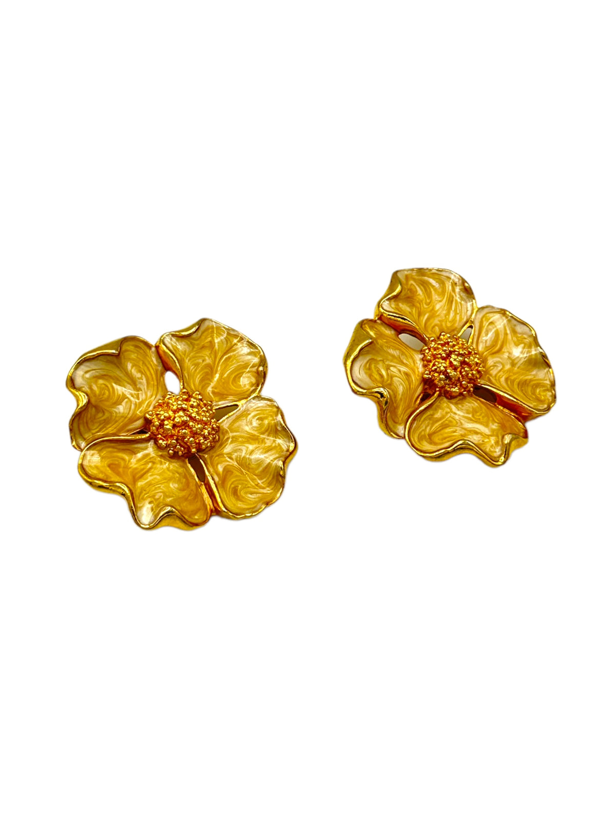 Golden Enamel Large Dogwood Flower Vintage Clip-On Earrings