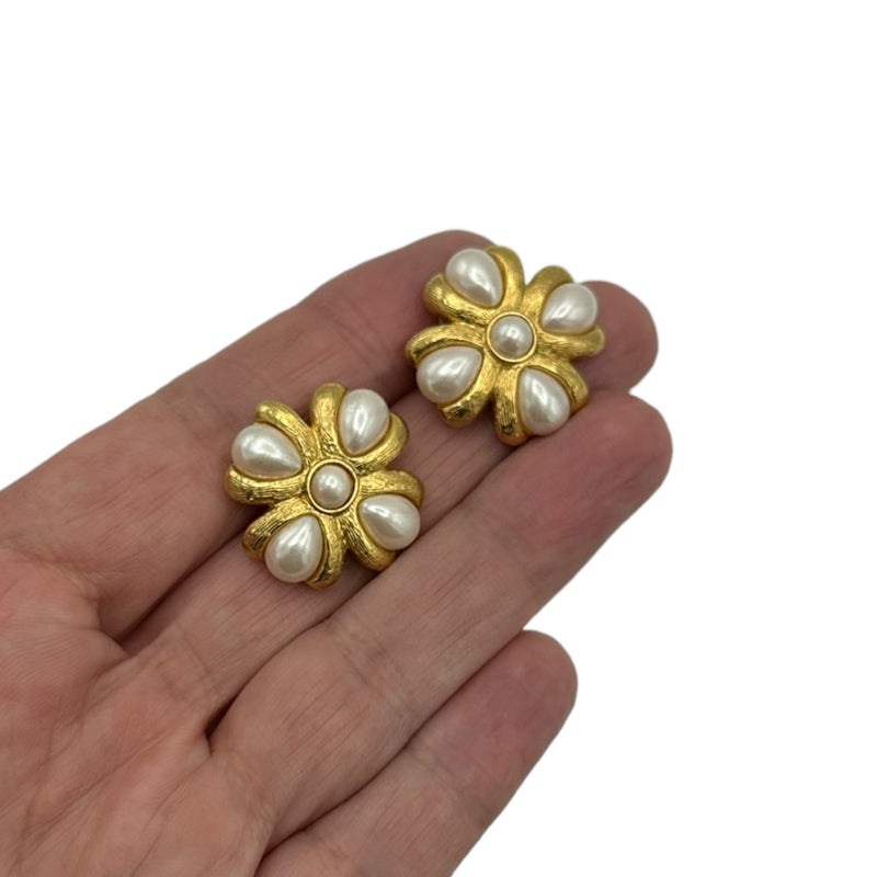Napier Vintage Jewelry Gold Maltese Cross Pearl Pierced Earrings